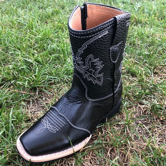 Kid's Western Rodeo Square Toe Genuine Leather Cowboy Black Boots Bota Niño 580 - Picture 3 of 5